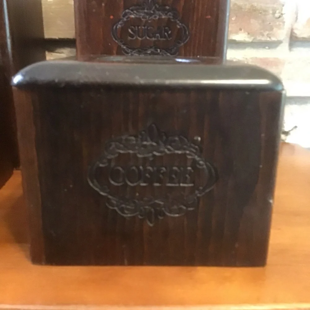 VINTAGE 60’s 70’s MCM Flour Sugar Tea Coffee Square Wooden Canister Set